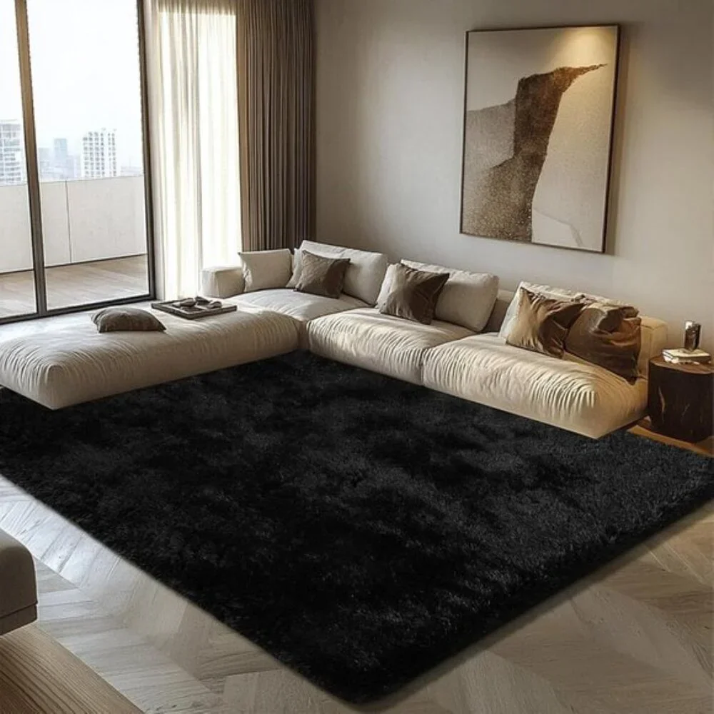 New 8x10 Black Fluffy Area Rug, Soft Shag Non-Shedding Carpet for Living Room